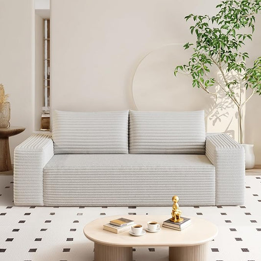 71" Corduroy Loveseat Sofa, 3-Seater Cloud Couch, Boneless Couch in a Box, Comfy Deep Seat Sofa with Memory Foam, Pillows and Wide Armrests, Modern Small Couches for Small Spaces, No Assembly (White)