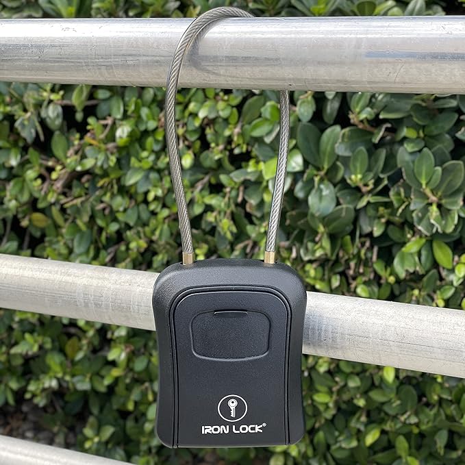 Iron Lock® Key Lock Box Portable with Cable Shackle & Wall Mount – Waterproof Metal Lock Box for Keys with 4-Digit Combination & Resettable Code – Indoor/Outdoor Key Safe (Black, Medium)