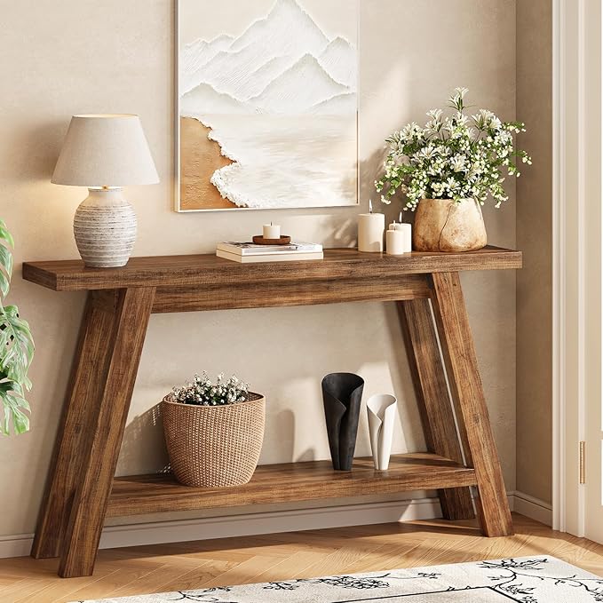 Console Table, 55-Inch Entryway Table with Storage 2-Tier Narrow Wood Console Table Behind Couch Sofa Tables for Living Room, Entryway, Hallway (Light Brown)