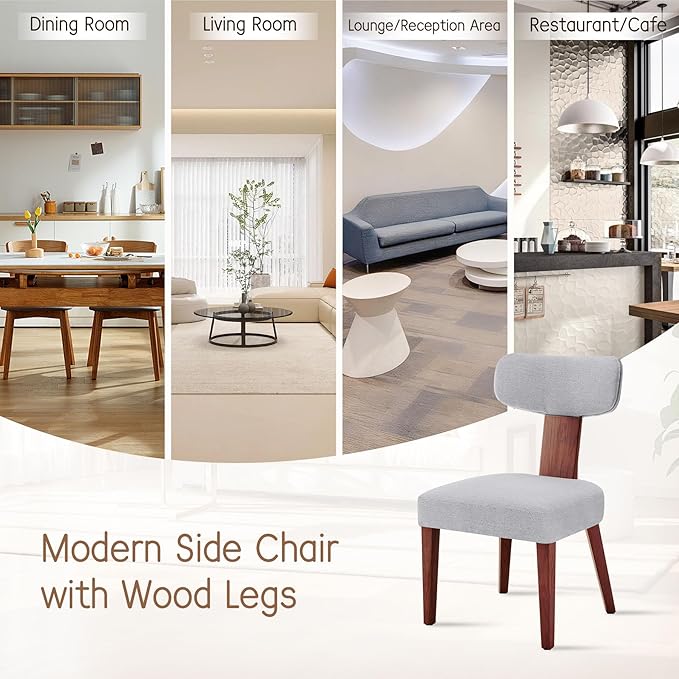 Dining Chairs Set of 3, Mid-Century Modern Upholstered Kitchen Chairs with Curved Backrest and Linen Fabric Seat, Wood Leg Accent Chairs for Dining Room, Living Room, Bedroom, Grey