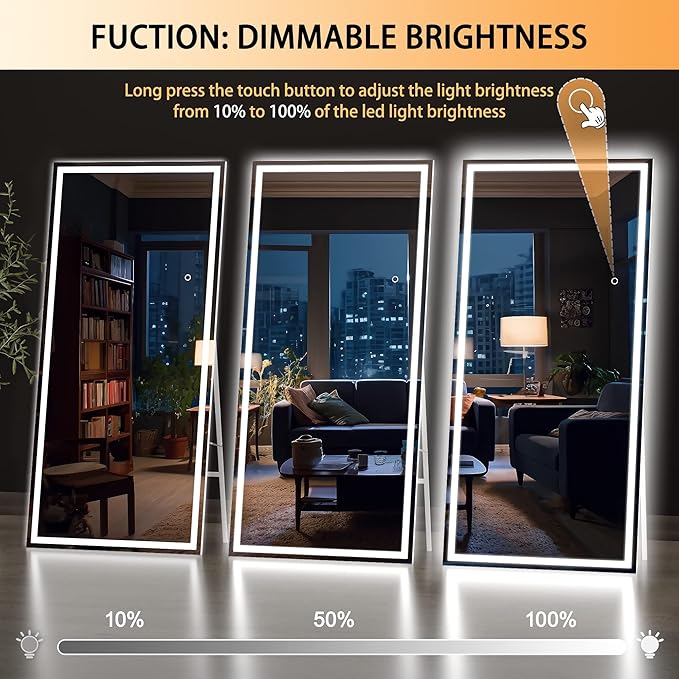 Hasipu Full Length Mirror with Lights, 81" x 34" LED Lighted Floor Standing Mirror, Full Body Dressing Hanging Mounted Mirrors, Dimmable, Tempered Glass, Safe to Use, Square White
