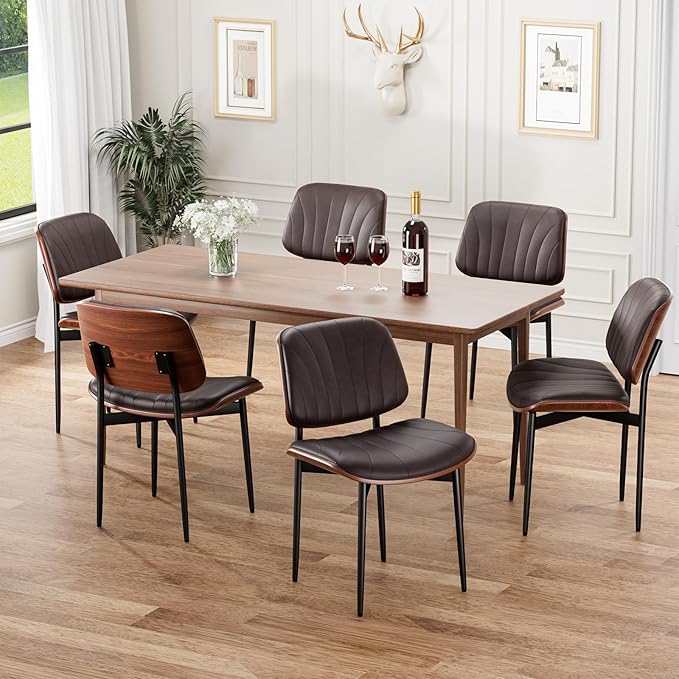 Dining Chairs Set of 8, Mid-Century Modern Upholstered PU Leather Chairs with Walnut Bentwood Back and Metal Legs Adjustable Feet for Kitchen Dining Room, Dark Brown Shell Strips