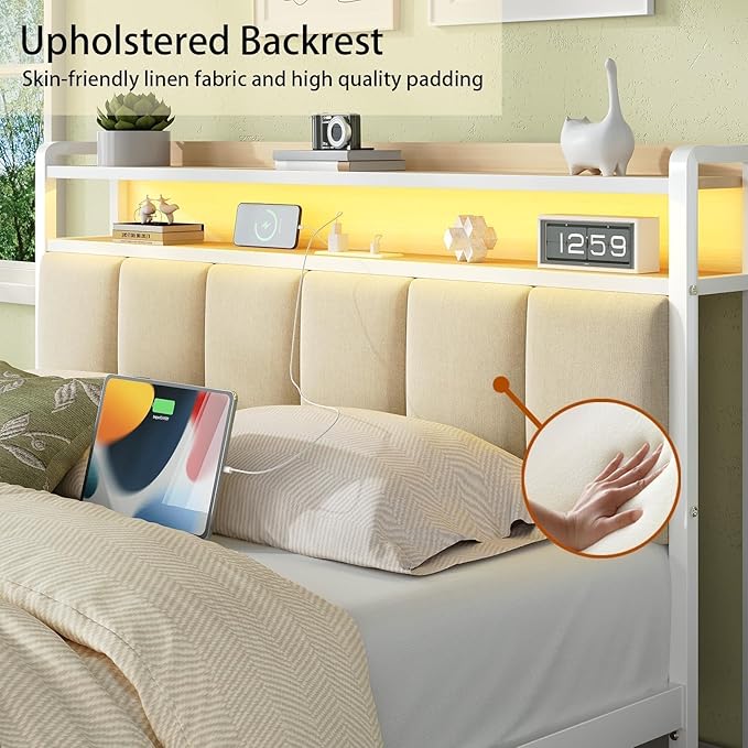 King Size Bed Frame with Storage Headboard, Metal Platform Bed Frame King Size with LED Lights and Charging Station, Heavy Duty Metal Slats, No Box Spring Needed, Easy Assembly, Beige