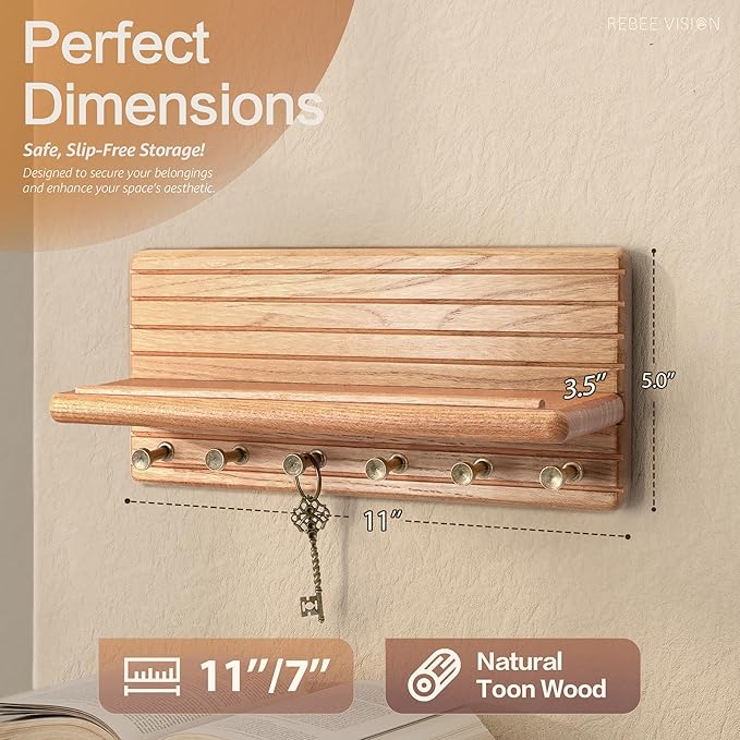 Rebee Vision Cedar Wood Key Holder Wall Mount – Farmhouse Wooden Key Holder for Wall with 6 Hooks & Floating Shelf - Farmhouse Home Decor Solution (Walnut)