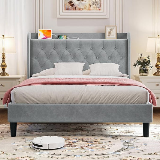 koorlian Queen Bed Frame with Headboard, Adjustable Velvet Upholstered Bed Frame with Type-C&USB Ports, Wingback Storage Headboard, Solid Wood Slats Support, No Box Spring Needed, Light Gray