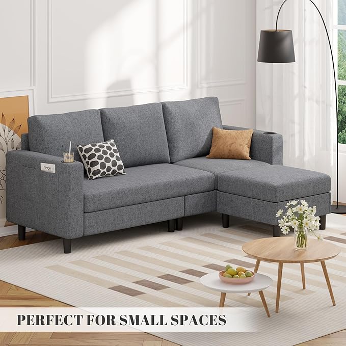 Upholstered Sectional Sofa and Couches, 78'' L Shaped 3-seat Sofa forLiving Room, Apartment, Lounge,Bedroom-Washable Covers Convertible Sofas(Linen Fabric,Dark Gary)