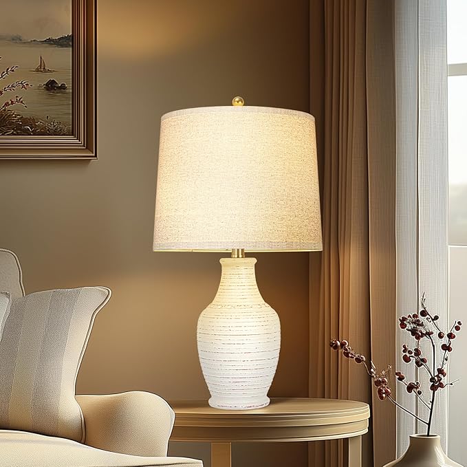 Scenekoy 23" Ceramic Table Lamps Set of 2 with 3-Way Dimmable Bulb,Rotary Switch,Lamps for Living Room,Bedside Lamp with Linen Shade,Nightstand Lamps of 2 for Living Room Bedroom(Bulb Included)