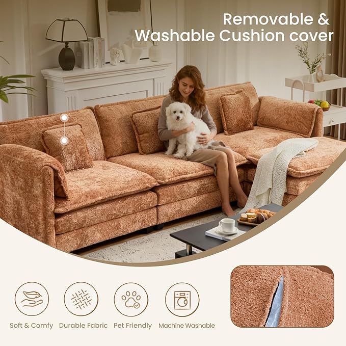 76.2" Modular Sectional Sofa with Movable Ottoman, Deep Seat couches for Living Room, 2 Seater Loveseat Sofa, L Shaped Comfy Cloud Couch with Removable Cover, Armrest Pillow (Orange)