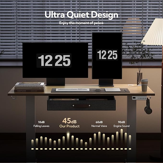 Seang Standing Desk with Drawer, 55" x 24" Height Adjustable Stand Up Desk, 3 Memory Height Settings with Cable Grommets & Storage Hooks, Ideal for Home & Office, Nature