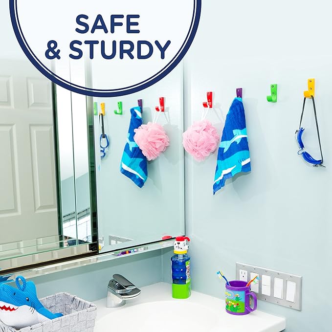 Heavy Duty Hooks for Hanging Coats, Jackets, Backpacks, Baseball Hats - Wall Mounted Rainbow Color Hangers for Kids, Perfect Hook for Classrooms, Bathroom Robes and Towels | J Hook 7-Pack