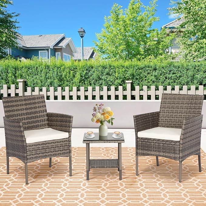 FDW 3 Piece Outdoor Furniture Set Patio Gray Wicker Chairs Furniture Bistro Conversation Set 2 Rattan Chairs with Khaki Cushions and Glass Coffee Table for Porch Lawn Garden Balcony Backyard