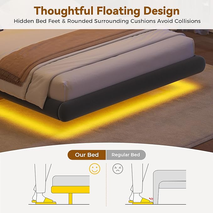 Queen Size Floating Bed Frame with LED Lights, Velvet Upholstered Headboard Bed Frame, Rounded Corners, Charging Station, No Box Spring Needed, Easy Assembly, Black