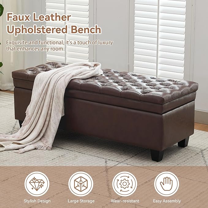 50" Faux Leather Storage Ottoman Bench, Upholstered Rectangle End of Bed Storage Ottoman Tufted Living Room Bedroom Bench with Safety Hinge, Solid Wood Legs, Loads 500 lb(Dark Rrown)