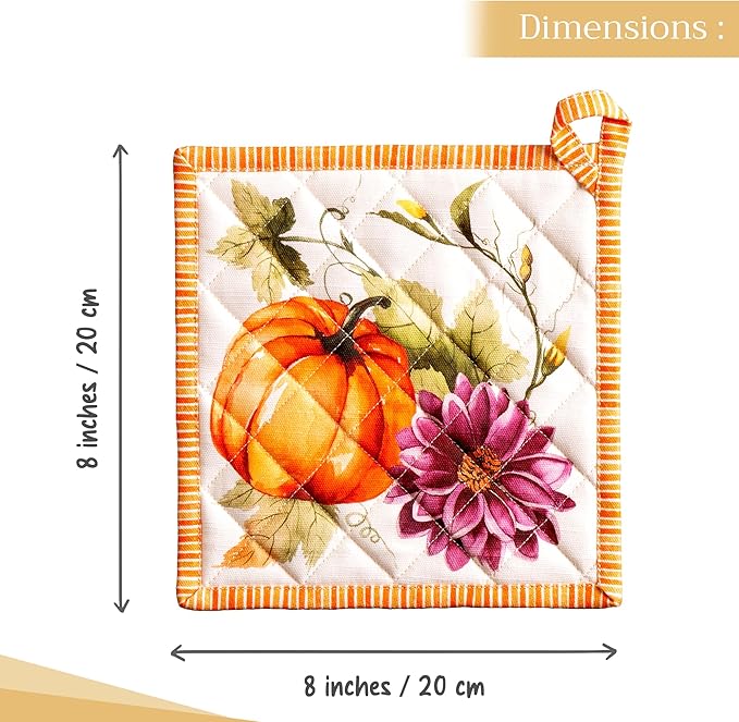 Maison d' Hermine Pot Holders 100% Cotton Heat Resistant Potholders 8" x 8" Hot Pads with Loop for Thanksgiving Christmas Decoration Baking Handling Hot Pans (Pack of 1, Pumpkin Garden - Cloudy Cream)