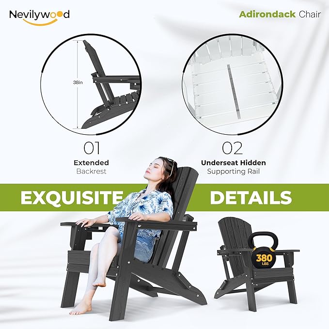 nevilywood Folding Adirondack Chair - Extended Ergonomic Backrest, Cup Holder - Easy Assembly - Durable HDPE Plastic, Weather Resistant & Maintenance-Free - Lawn, Patio, Deck Supports 380lbs Black