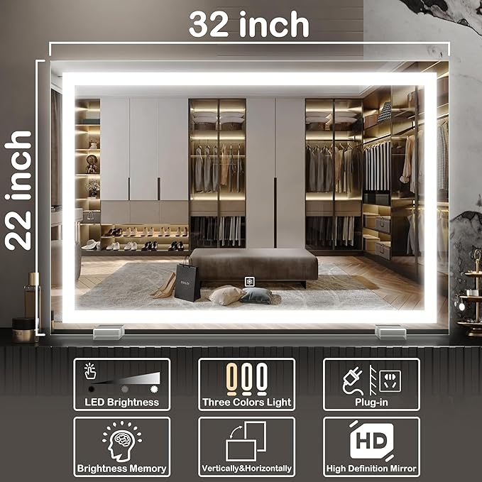 FENNIO Makeup Mirror with Lights 22"x19" ，LED Makeup Mirror ，Large Vanity Mirror with Lights，Touch Sensor with Dimmable 3 Modes, Square White