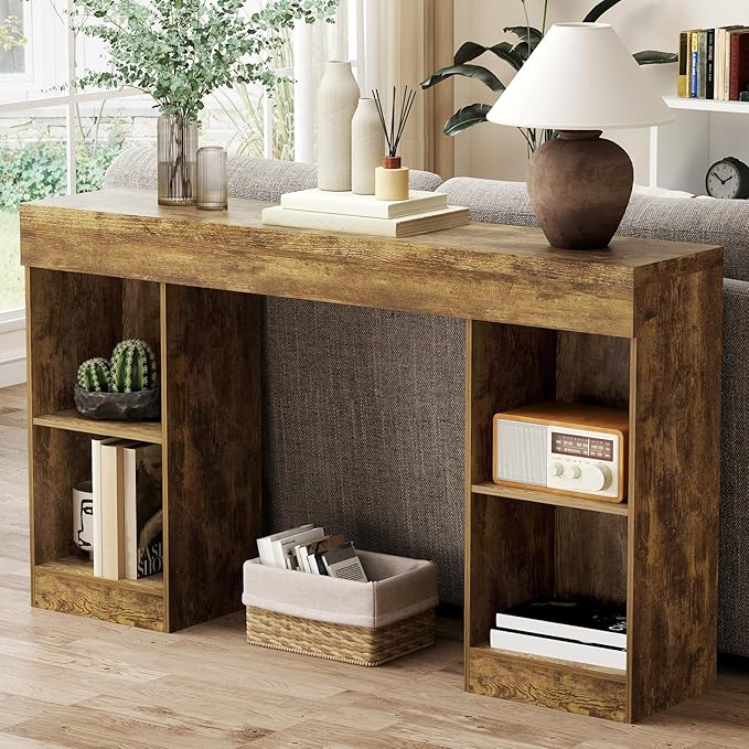 55 Inches Console Table,4 Cubes Narrow Entryway Table,3 Tier Wood Behind Couch Sofa Table,TV Console with Storage for Living Room,Hallway,Entrance,Foyer (Bright Brown)