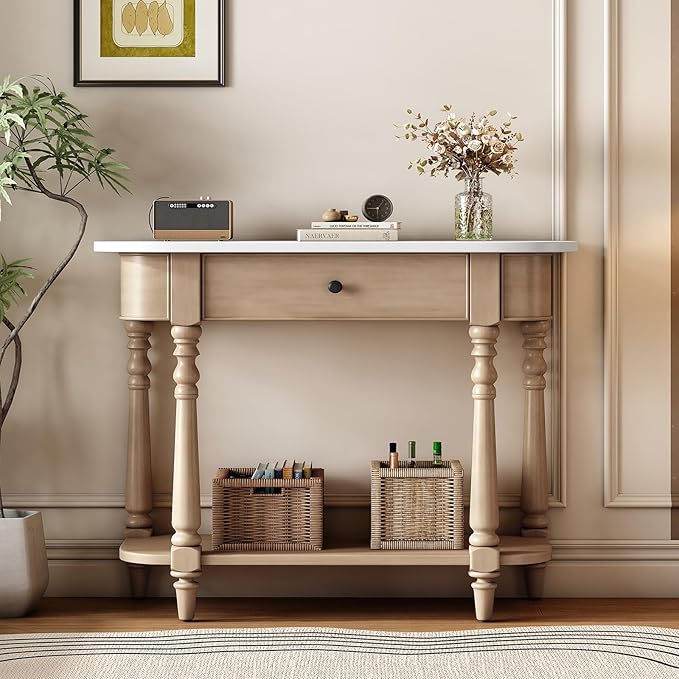 HMFULE Retro Curved Console Table, 36" Solid Wood Half Moon Console Table Sofa Table Entryway Table with 1 Drawer 1 Open Shelf Roman Legs Curved Corners for Living Room,Entryway,Hallway,White+Beige