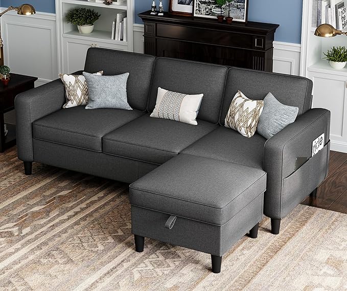 Sectional Sofas Couches for Living Room Convertible 3 Seater L Shaped Couch with Removable Storage Ottoman 78" Dark Grey Modern Linen Sofa for Apartments Studios Dorms Small Spaces