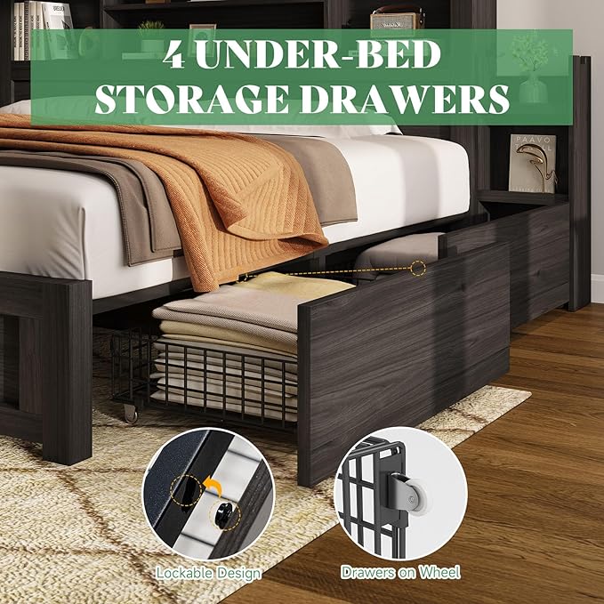 AMERLIFE King Size Bed Frame with 4 Storage Drawers, LED Bed Frame with 49.6" Tall Bookcase Headboard, Wood Platform Bed with Charging Station & 2 Slide Bedside Shelf, No Box Spring Needed/Black