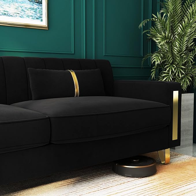 Couch 85.62" 3 Seats Sectional Velvet Fabric Sofa Easy Assemble Sofa Bed with 2 Couch Pillows,Gold Metal Legs for Living Room (P17, Black)