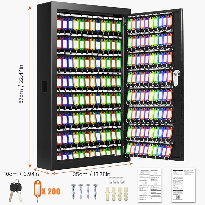 200 Keys Key Cabinet, Anti-Theft Key Lock Box with Key Tags, Adjustable Key Organizer Wall Safe for Car Office House Garage Rental Business