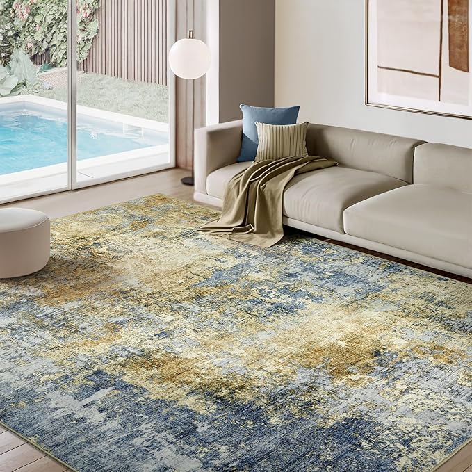 Area Rug Living Room Rugs - 8x10 Modern Abstract Soft Indoor Neutral Washable Rug Stain Resistant Non-Slip Low Pile Carpet for Bedroom Dining Room Home Office - Blue/Grey/Yellow
