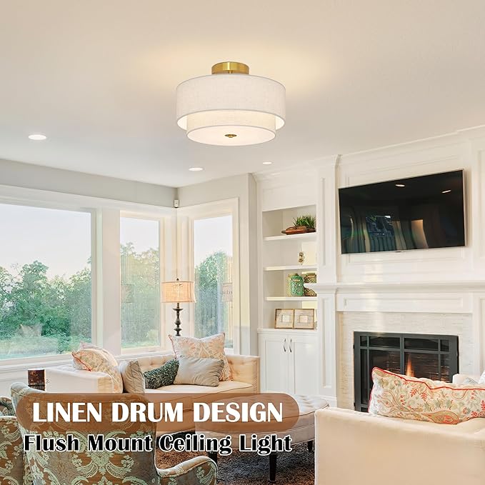 3 Light Semi Flush Mount Ceiling Light Fixture 15.7 Inch Modern Gold Drum Ceiling Light Fixture with 2-Layer Fabric Shade Dimmable Close to Ceiling Light for Living Room Hallway Bedroom Entryway