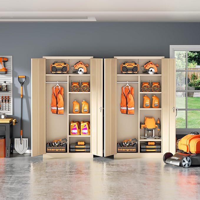 INTERGREAT Metal Wardrobe Closet, 72" Locking Storage Wardrobe Cabinet with Doors and Shelves, 18 "D Steel Clothes Storage for Office, Home, School, Gym (Warm Grey)