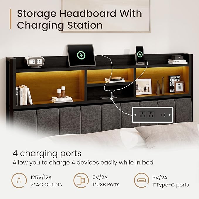 Queen Bed Frame with 6 Storage Drawers, Linen Upholstered Headboard, Built-in USB Charging Station & LED Lighting, Silent Metal Support, No Box Spring Needed, Vintage Black