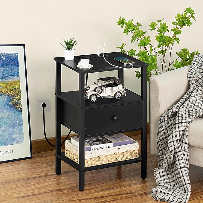 Lerliuo Nightstand with Charging Station and USB Ports, 3-Tier Storage End Table with Drawer Shelf, Night Stand for Small Spaces, Wood Bed Side Table for Living Room, Bedroom - Classic Black