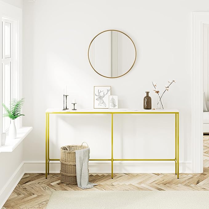 63" Console Table,Modern Narrow Long Sofa Table Behind Couch,Skinny Entry Table with Gold Metal Frame for Living Room, Hallway,Marble White