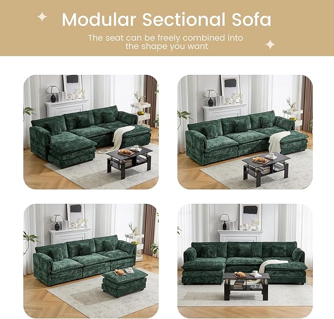 112" U Shaped Modular Sectional Sofa, 3 Seater Comfy Cloud Couch with Movable Ottoman, Deep Seat Couches for Living Room, Bedroom, Apartment (Green)