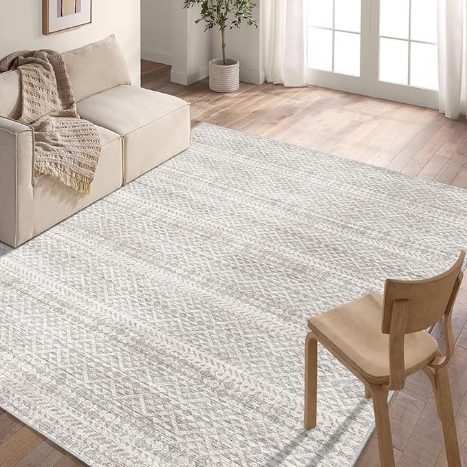5'x7' Machine Washable Abstract Design Area Rug, Non Slip, Stain Resistant, Non-Fluffy Home Decor Living Room Carpet(Grey Beige 5x7)…