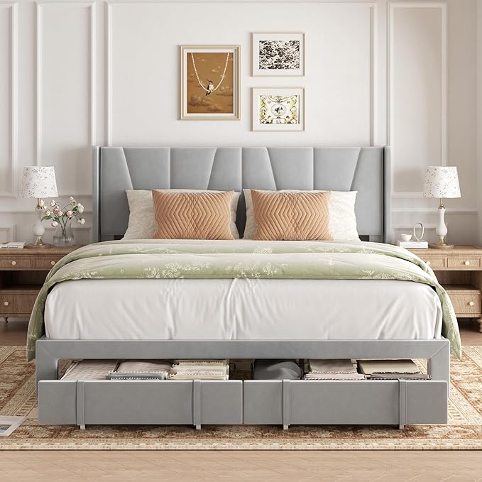 King Bed Frame with Storage Drawers, Upholstered King Size Platform Bed with 47" Tall Headboard and Wingboard, No Box Spring Needed, NO Noise, Easy Assembly, Wooden Support Slats,Light Grey