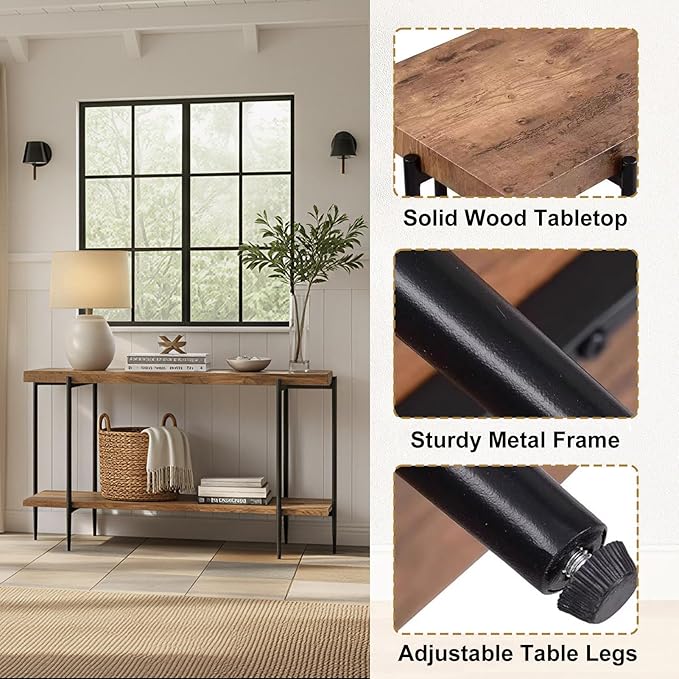 31.5” Console Table Narrow for Entryway with 2 Tier Storage Shelves, Solid Wood Industrial Entrance Sofa Table Behind Couch for Hallway, Foyer, Living Room(35.4"x11.8"x31.5")