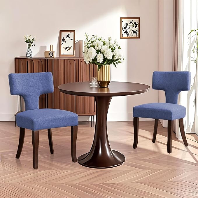Mid Century Modern Dining Chairs Set of 2, Upholstered Side Dining Chairs with Curved Back Linen Fabric Armless Wood Chairs Kitchen & Dining Room Farmhouse Chairs (Blue)