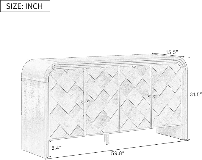Unique Retro Curved Sideboard with 4 Handwoven Wood Slat Doors, Solid Wood Veneer Accent Entryway Console Table Storage Cabinet for Hallway Living Room Dining Room (Navy Blue-V)