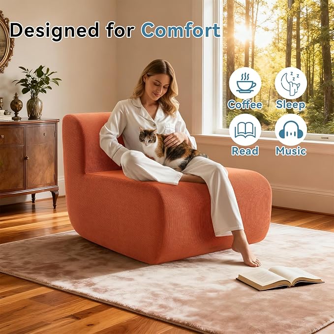 Single Sofa Chair, Upholstered Floor Sofa Couch Fireside Beanbag Chair,Corduroy Boneless Couch for Small Spaces,Memory Foam Lounge Chair for Bedroom, Living Room,Orange