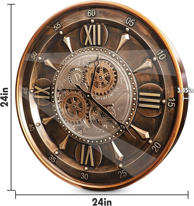October Elf 24 Inch Wall Clock with Moving Gears Large Industrial Steampunk Metal Clock Antique Gold Oversized Farmhouse Decor Wall Clock for Living Room Home Office(Brown with Roman Numerals)