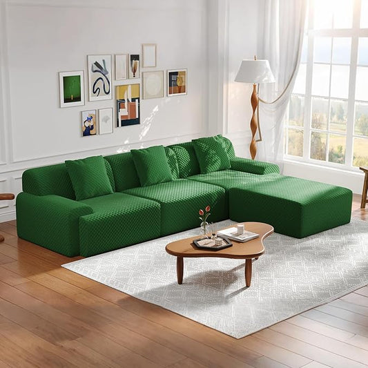 113" Modular Sectional Sofa Upholstered 3-Seater Sofa with Movable Ottoman, Oversized 4-Seater Couch with 3 Throw Pillows High-Density Foam No Assembly Free Combinations