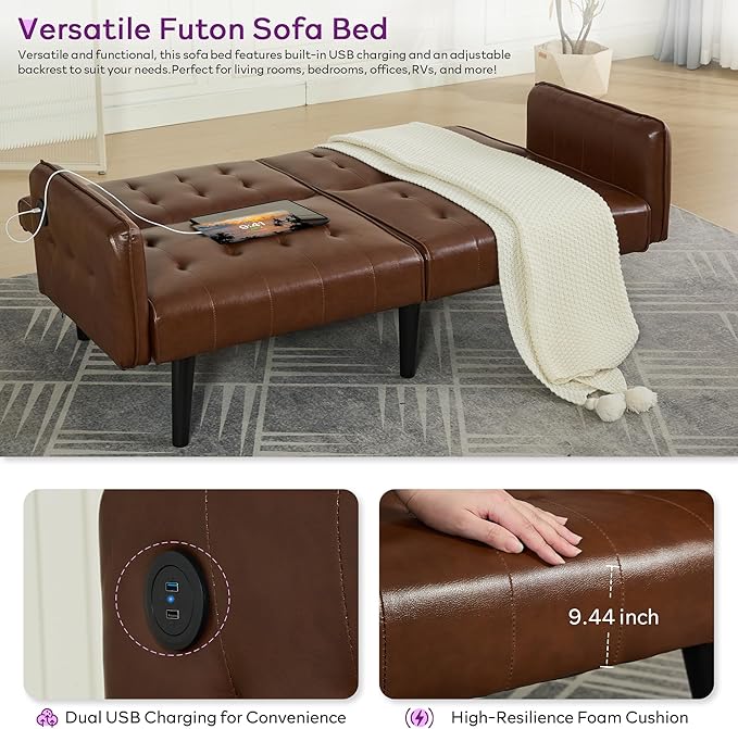 TYBOATLE 65“ Convertible Futon Sofa Bed w/ 2 USB,Tufted Small Adjustable Folding Couch Loveseat, Modern Mid Century Faux Leather Sleeper Sofa for Living Room, Bedroom,Office, Brown
