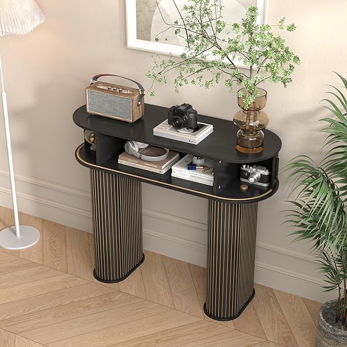 Round Console Table, Mid Century Modern Console Table, Sofa Table, Narrow Entryway Table for Hallway Living Room (Black)