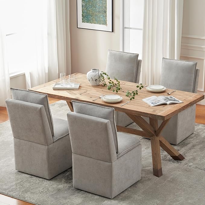 VKNOW Upholstered Dining Chairs Set of 4, Modern Rolling Chairs with Storage and Wheels, Linen Armless Chair with Cushion and Backrest, Dining Room Chairs for Living Room Kitchen Bedroom, Light Grey