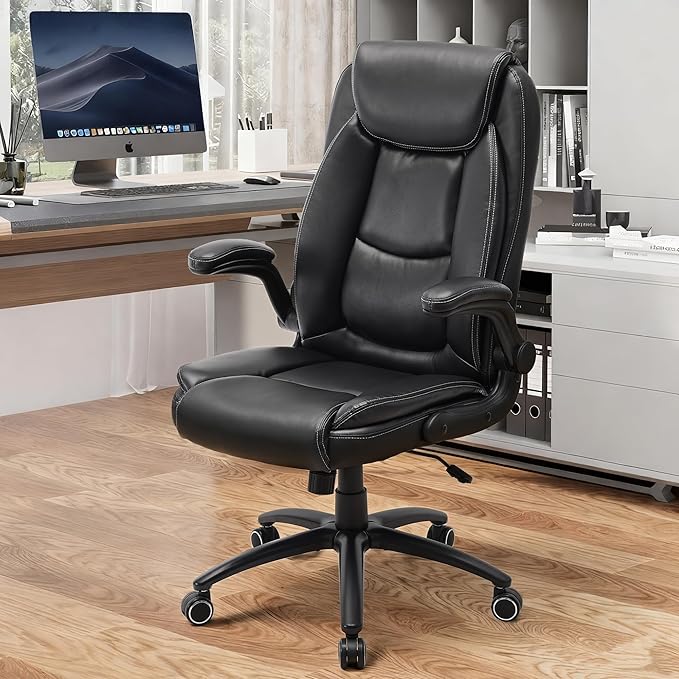 Ergonomic PU Leather Office Chair with Flip-Up Armrests, Reclining Backrest, Adjustable Height & Tilt Tension, Thick Padded Seat, Breathable Leather, 300LBS Capacity Executive Desk Chair,Black