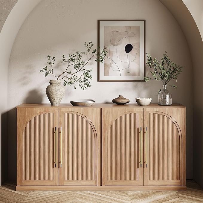 BELLEZE 65 Inch Sideboard Cabinet with Double-Arc Wood Doors, Large Buffet Cabinet with Storage and Adjustable Shelves, Classic Modern Console Table for Dining Room Living Room Entryway (Camel)
