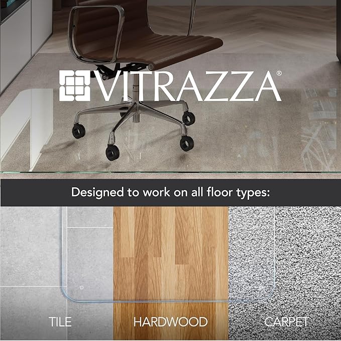 Vitrazza Glass Chair Mat 36” x 48” Superior ¼ Thick, Chiaro Standard Clear, Certified Tempered Safety Glass, Delivers a Smooth Glide, Protects Carpet or Wood, Beautiful in Home or Office.
