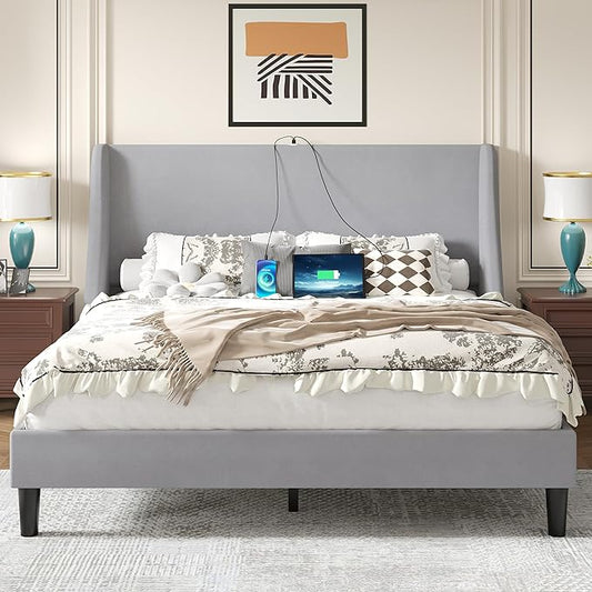 VECELO Full Bed Frame with Upholstered Wingback Headboard, Heavy-Duty Platform Bedframe with Charging Station, Wooden Slats, No Box Spring Needed, Light Grey