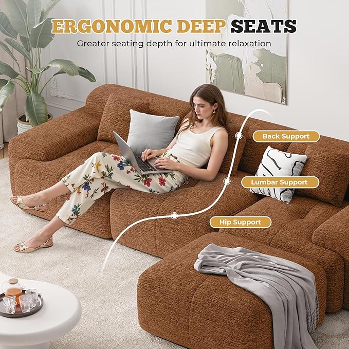 158" Modern U Shaped Modular Sectional Sofa, Boneless Couches for Living Room with Ottoman,6 Seater Convertible Chenille Cloud Couch Sofa Set, No Assembly Required, Orange 1 PCS