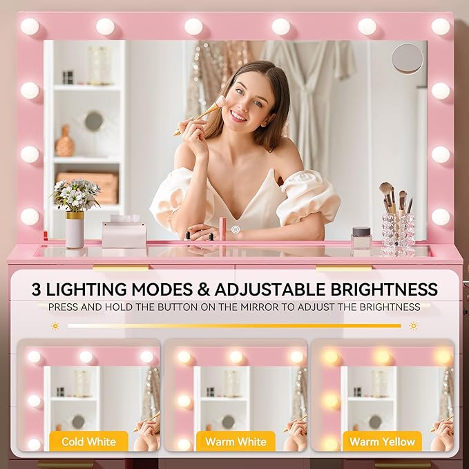 DWVO 46'' Glass Top Makeup Vanity with 10 Drawers, Vanity Desk Set with Large LED Mirror, Built-in Charging Station, Cushioned Storage Chair, 3-Color Light Modes